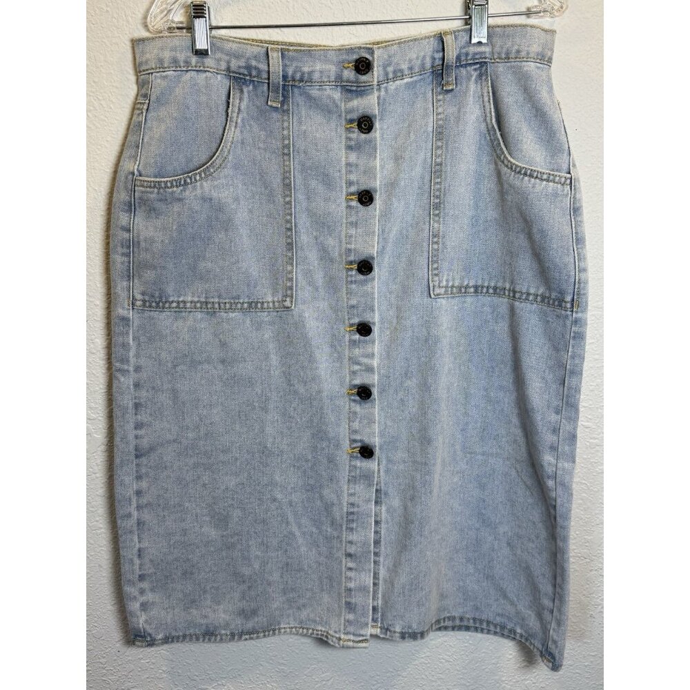 Happily Grey Womens Light Wash Button Front Denim Midi Skirt Size 13/30